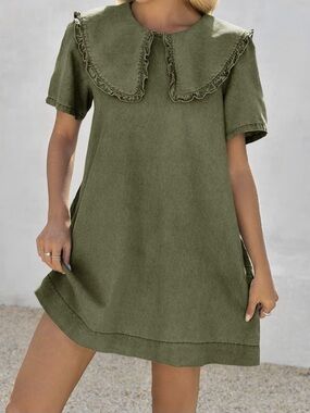 Wenrine Casual Olive Mini Dress with Ruffle Collar